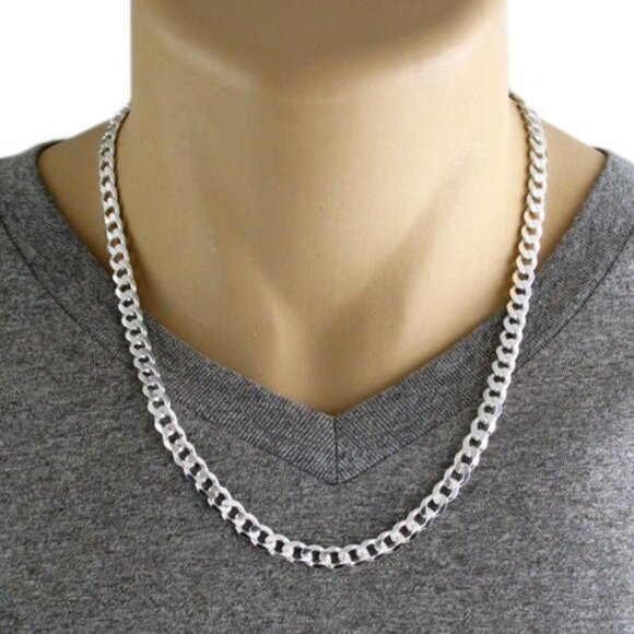 STERLING SILVER CUBAN CURB CHAIN NECKLACE 6.5MM (GAUGE 180). AVAILABLE 5 LENGTHS - Picture 2 of 2